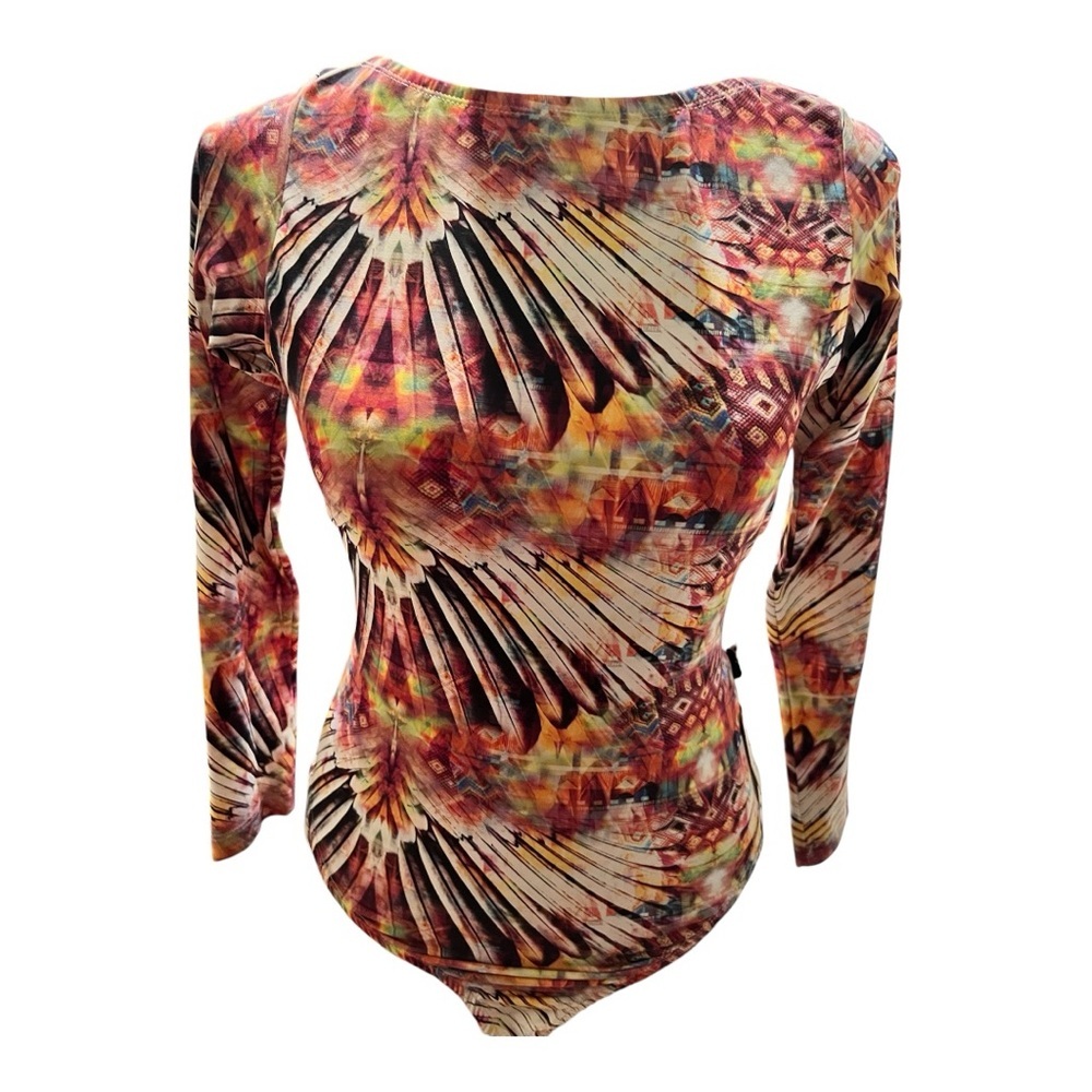 Colorful Feather Pattern Long Sleeve backless Bodysuit Medium NWT